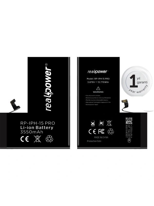 RealPower Apple Uyumlu iPhone 15 Pro Batarya 3550mAh Yüksek Kapasiteli Güçlendirilmiş Pil