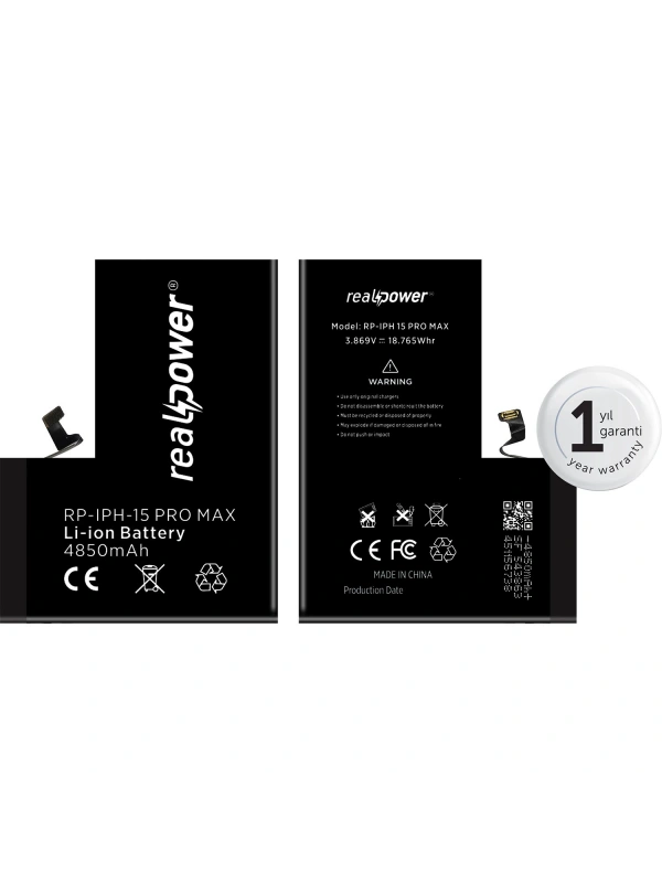 RealPower Apple Uyumlu iPhone 15 Pro Max Batarya 4850mAh Yüksek Kapasiteli Güçlendirilmiş Pil