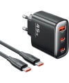 Realpower 45W GaN 3 Çıkışlı USB-C1/C2/A PD Hızlı Şarj Adaptörü Şarj Aleti ve 60W USB-C to USB-C Kablo Seti Siyah TCS45WBK
