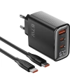 Realpower 67W GaN 3 Çıkışlı USB-C1/C2/A Dijital Göstergeli PD Hızlı Şarj Adaptörü Şarj Aleti ve 100W USB-C to USB-C Kablo Seti Siyah TCS67WBK