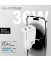 Realpower 36W GaN USB-C PD Hızlı Şarj Adaptörü Şarj Aleti Beyaz RP-CG36