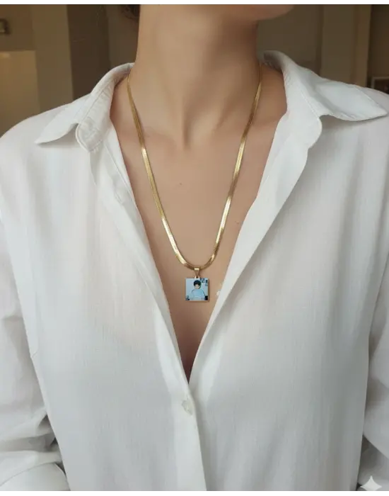 Italyan zincir kare anı kolyesi