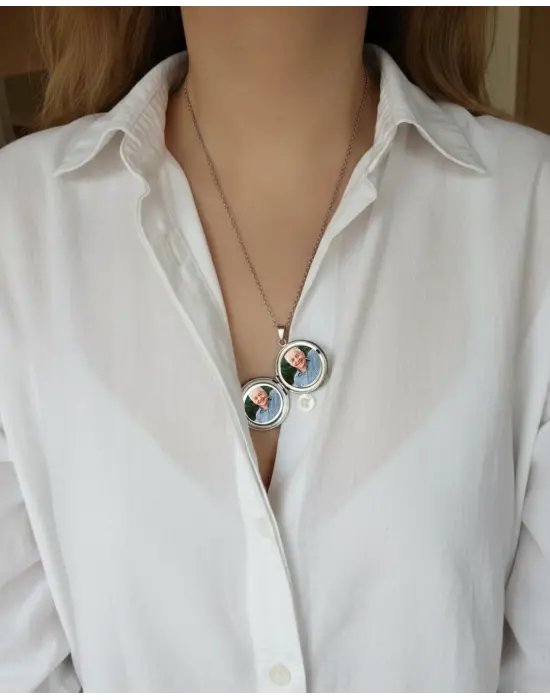 Gümüş Renk Kapaklı çelik kolye çift fotoğraflı