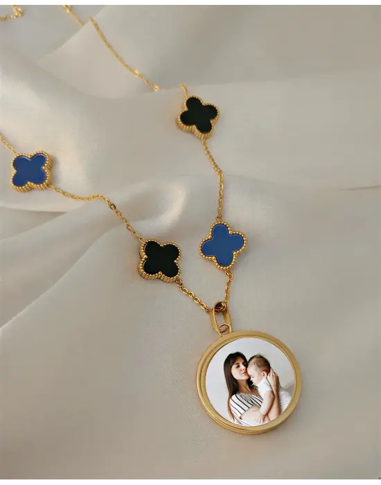 Yoncalı Anı Kolyesi Mavi-Siyah