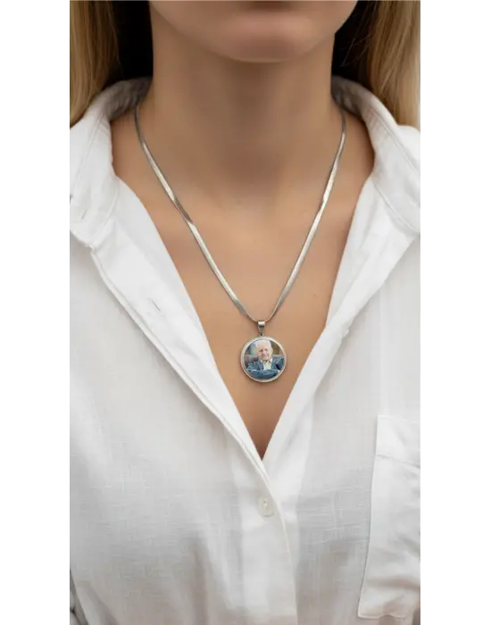 Çift Fotoğraflı Anı Kolyesi Gümüş Renk italyan zincir