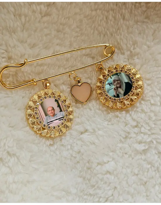 Anı İğnesi Kalp Detaylı Çift Fotoğraflı