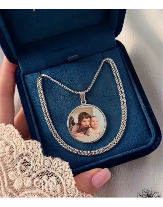 Fotoğraflı Kolye Gümüş Renk Çift Fotoğraflı