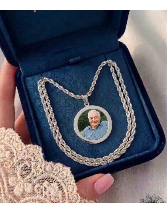 Çift Fotoğraflı Anı Kolyesi Burgu Zincir Gümüş Renk