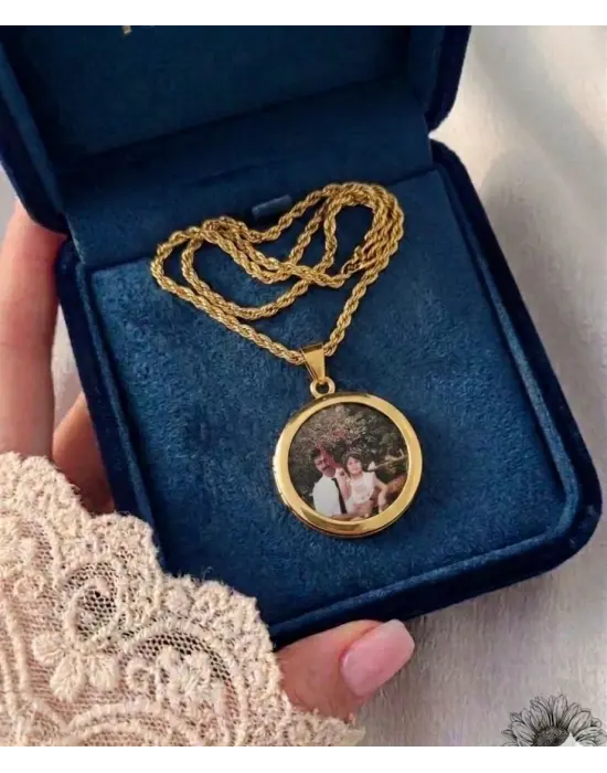 Cift Fotoğraflı Anı Kolyesi Burgu Zincir Gold