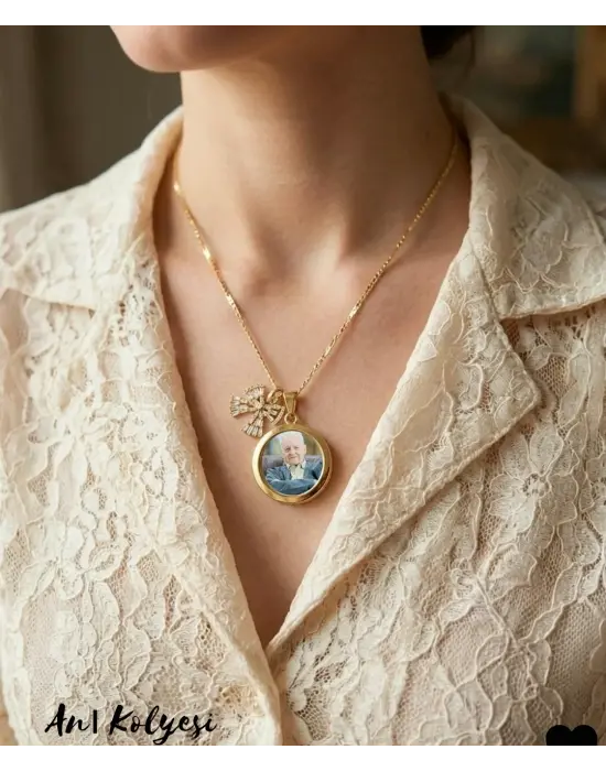 Fotoğraflı kurdale detaylı taşlı kolye