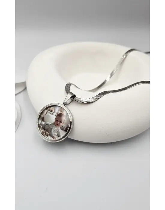Çift Fotoğraflı Anı Kolyesi Gümüş Renk italyan zincir