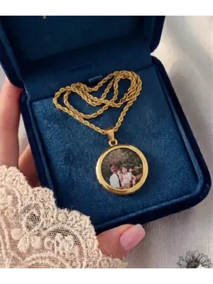 Cift Fotoğraflı Anı Kolyesi Burgu Zincir Gold
