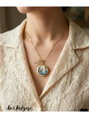 Fotoğraflı kurdale detaylı taşlı kolye