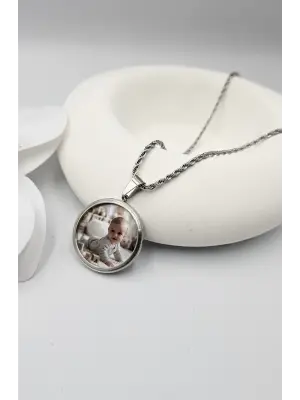 Çift Fotoğraflı Anı Kolyesi Burgu Zincir Gümüş Renk