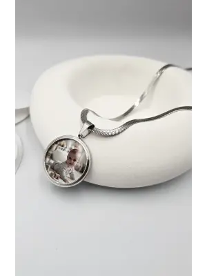 Çift Fotoğraflı Anı Kolyesi İtalyan Zincir Gümüş Renk