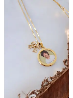 Fotoğraflı kurdale detaylı taşlı kolye