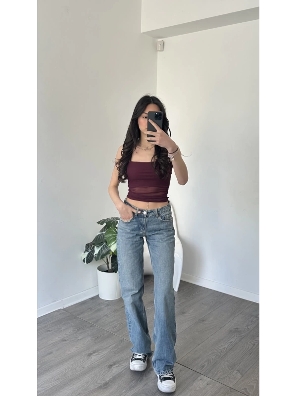 Millio Askılı Astarlı Tül Bluz Bordo