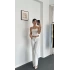 Çizgili Straplez Bluz - Pantolon Takım Beyaz