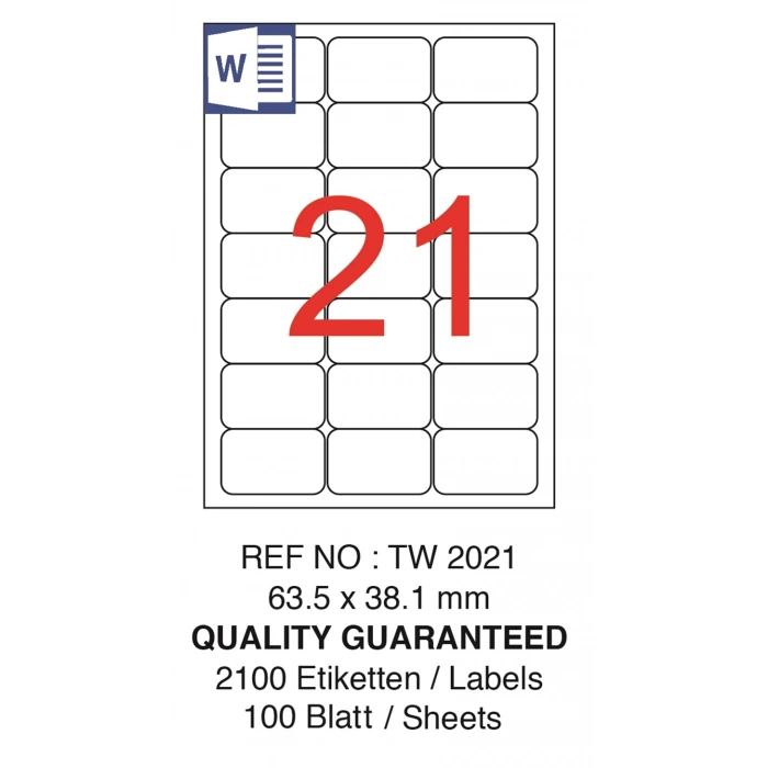 TANEX LASER ETİKET TW-2021 63.5 X 38.1 MM ( 21 ) 100 LÜ