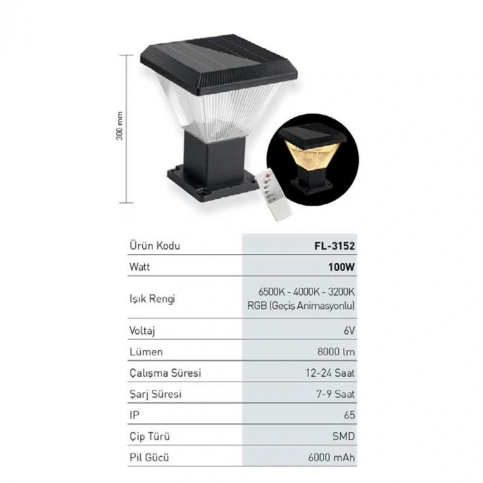 100W Solar Bahçe Armatürü ; Kumandalı ; 2400lm ; 6500K-4000K-3200K Seçmeli