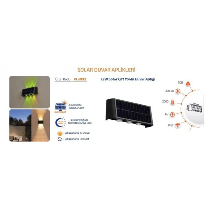 12W Solar Duvar Apliği ; 200lm ; RGB