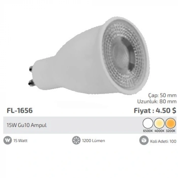 15W GU10 Duy Ampul ; 1200lm ; 6500K , 4000K , 3200K