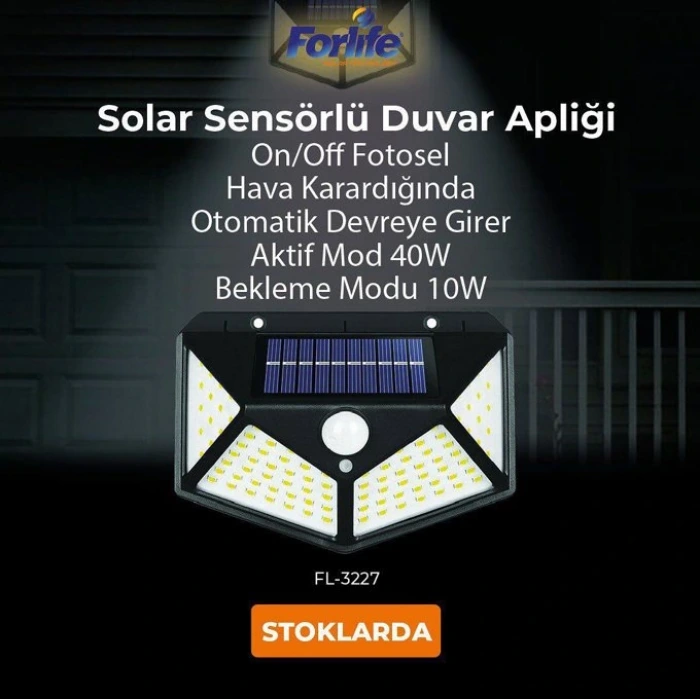 40W Solar Duvar Apliği ; Sensörlü ; 640lm ; 6500K-3200K