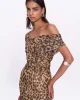 Leopar Desenli Drape Detaylı Tül Midi Elbise Kahverengi