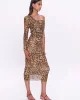 Leopar Desenli Drape Detaylı Tül Midi Elbise Kahverengi