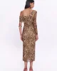 Leopar Desenli Drape Detaylı Tül Midi Elbise Kahverengi