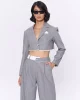 Sırtı Yazı Baskılı Kumaş Garnili Crop Ceket Gri
