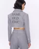 Sırtı Yazı Baskılı Kumaş Garnili Crop Ceket Gri