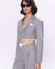 Sırtı Yazı Baskılı Kumaş Garnili Crop Ceket Gri