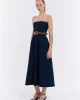 Straplez Denim Pileli Elbise Mavi