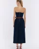 Straplez Denim Pileli Elbise Mavi