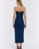 Straplez Detaylı Önden Yırtmaçlı Midi Kot Elbise Mavi