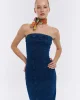 Straplez Detaylı Önden Yırtmaçlı Midi Kot Elbise Mavi