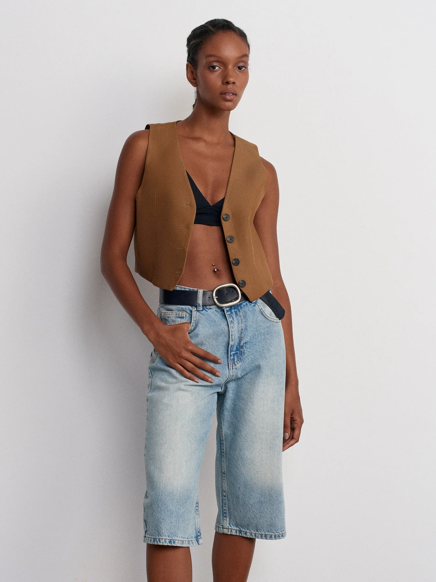 %100 Pamuk Dar Kesim Denim Bermuda-Mavi
