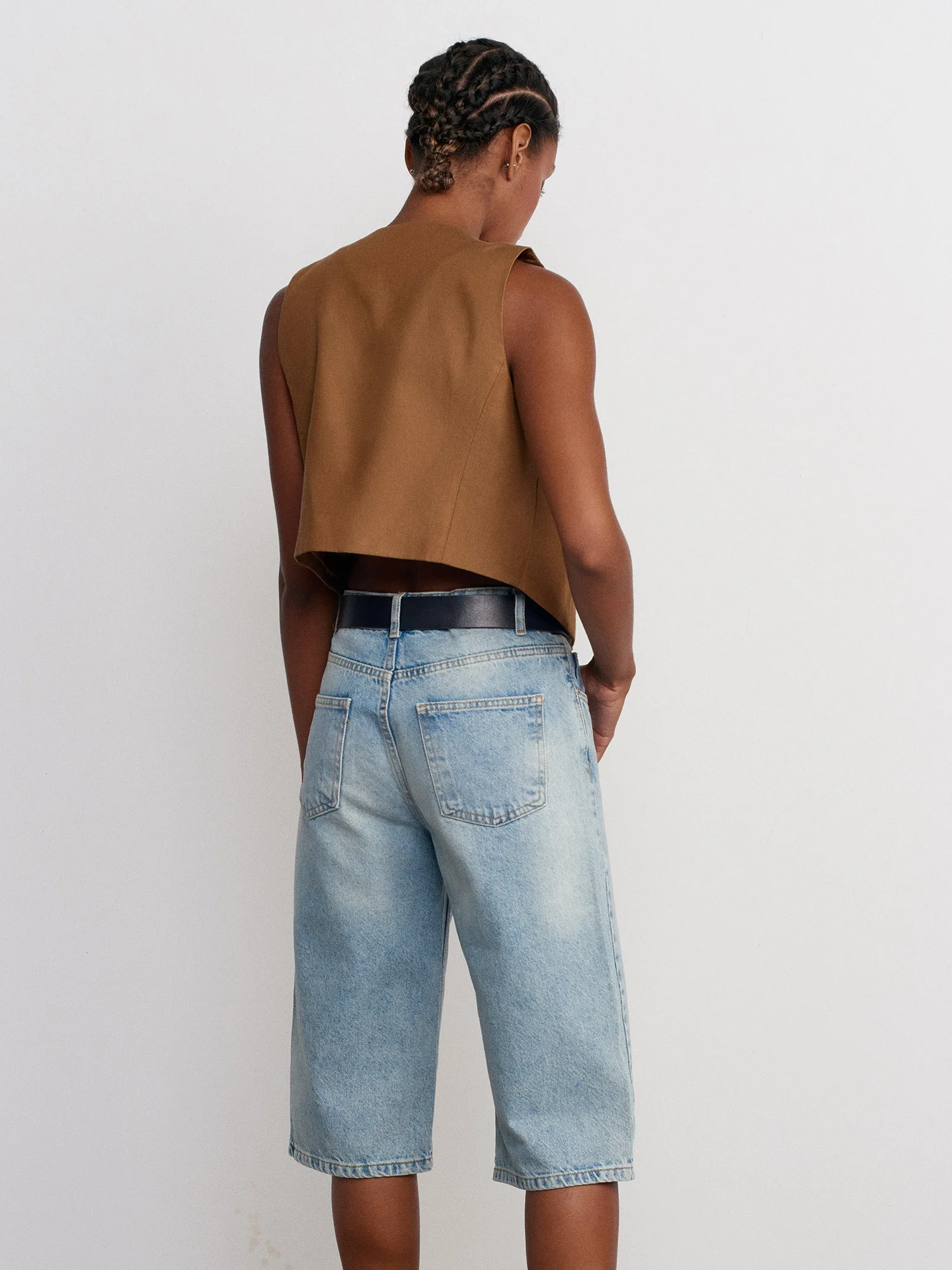 %100 Pamuk Dar Kesim Denim Bermuda-Mavi