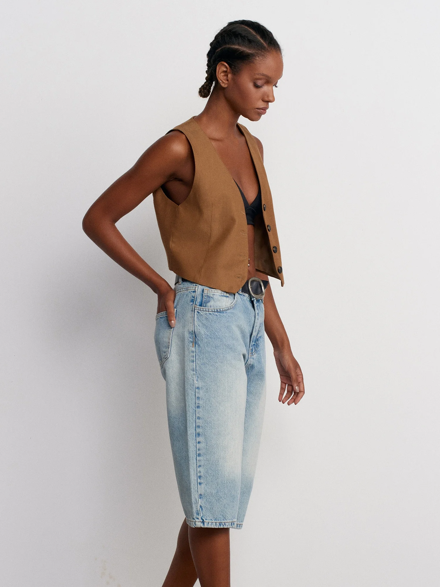 %100 Pamuk Dar Kesim Denim Bermuda-Mavi