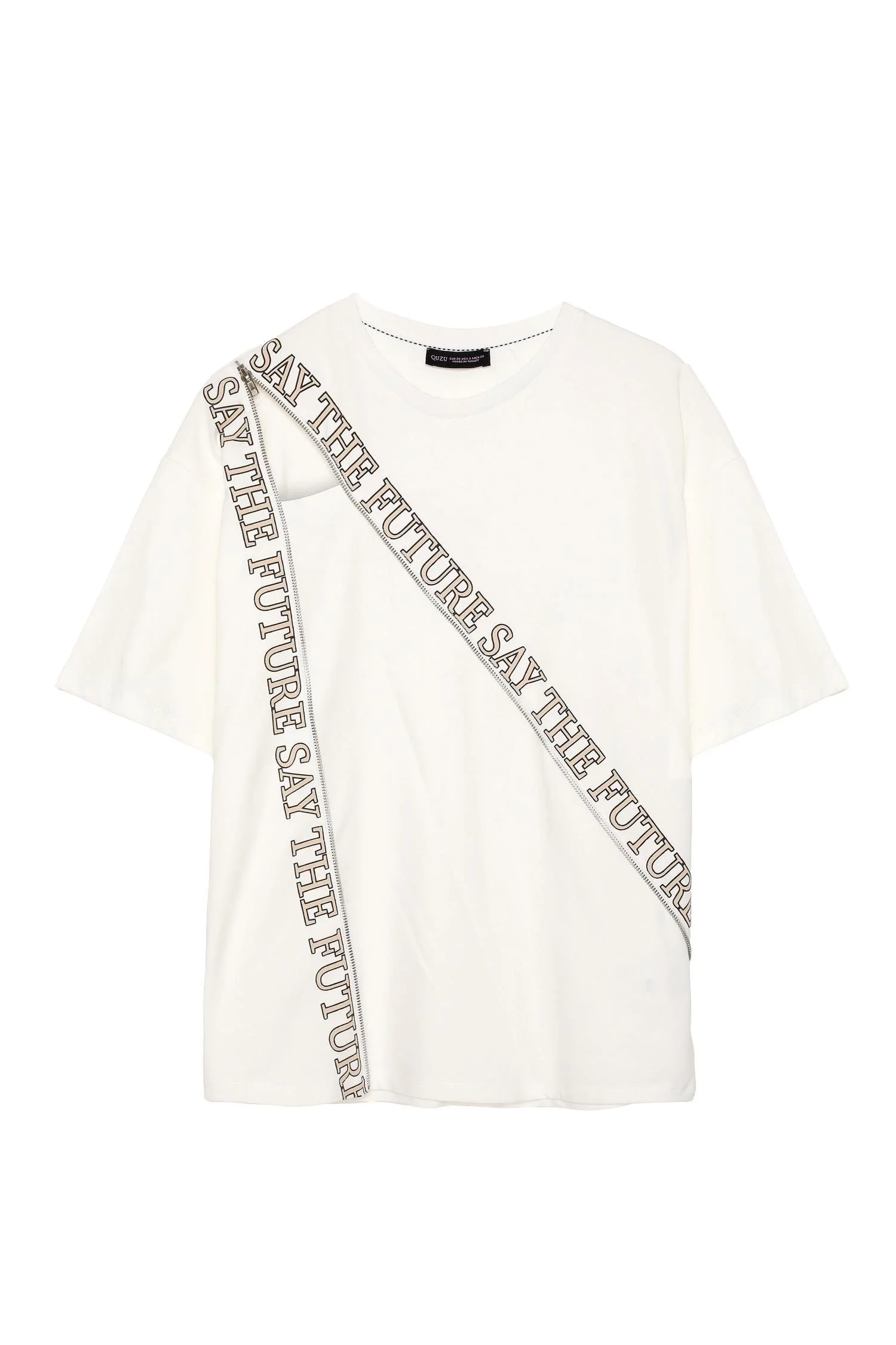 Baskı Ve Fermuar Detaylı T-shirt Ekru
