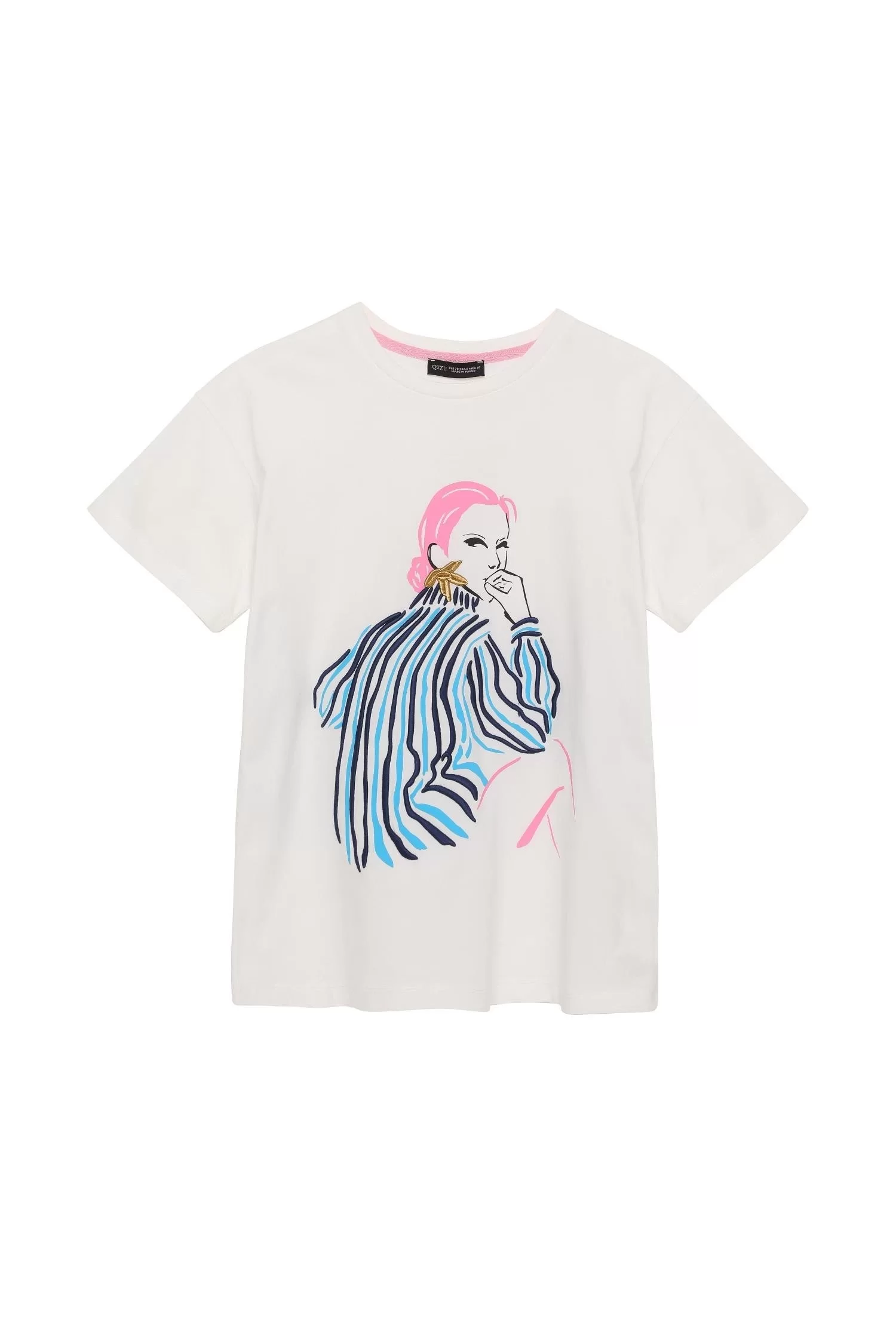Baskı ve İşleme Detaylı T-shirt Ekru
