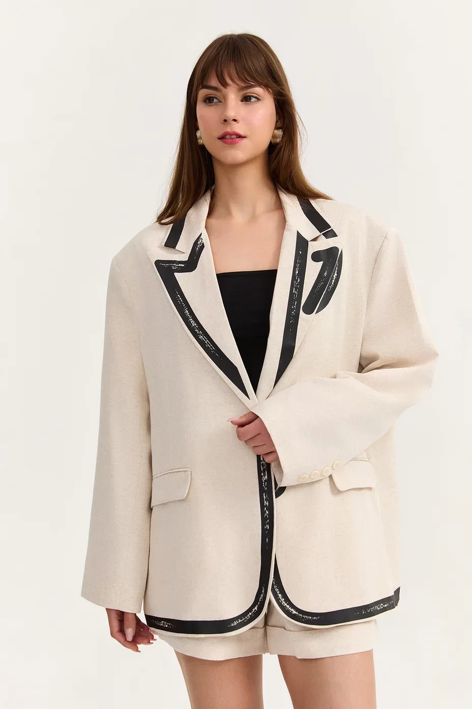 Baskılı Keten Blazer Ceket Natural