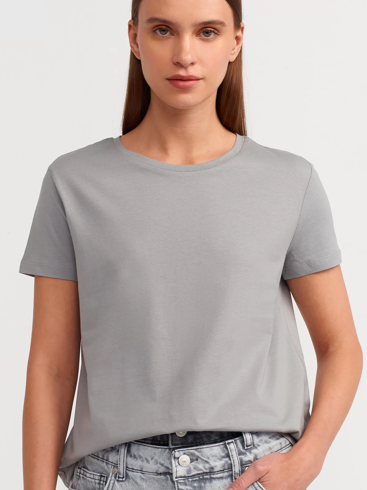 Bisiklet Yaka Basic T-Shirt-Gri