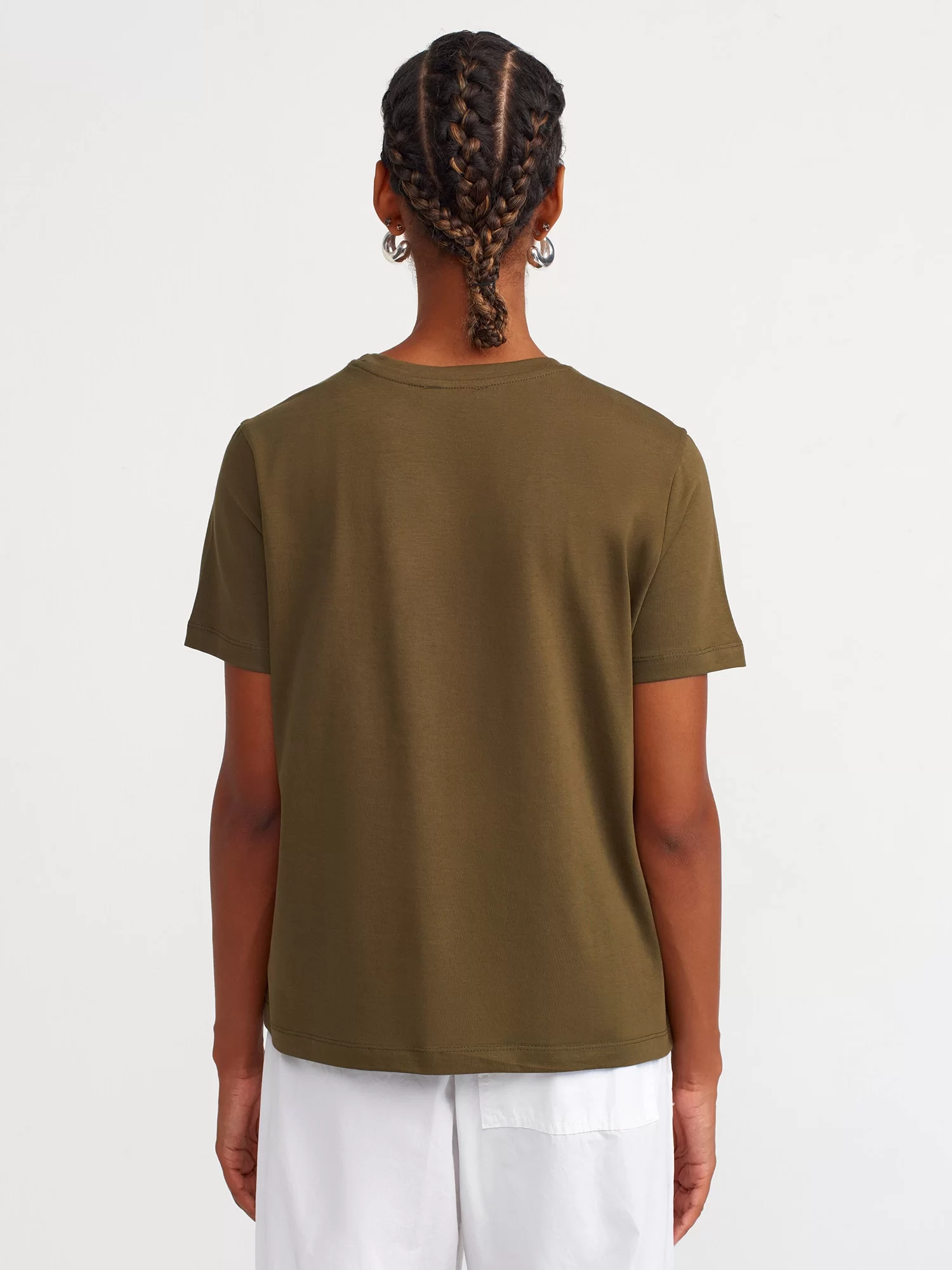 Bisiklet Yaka Pamuklu T-shirt-Haki