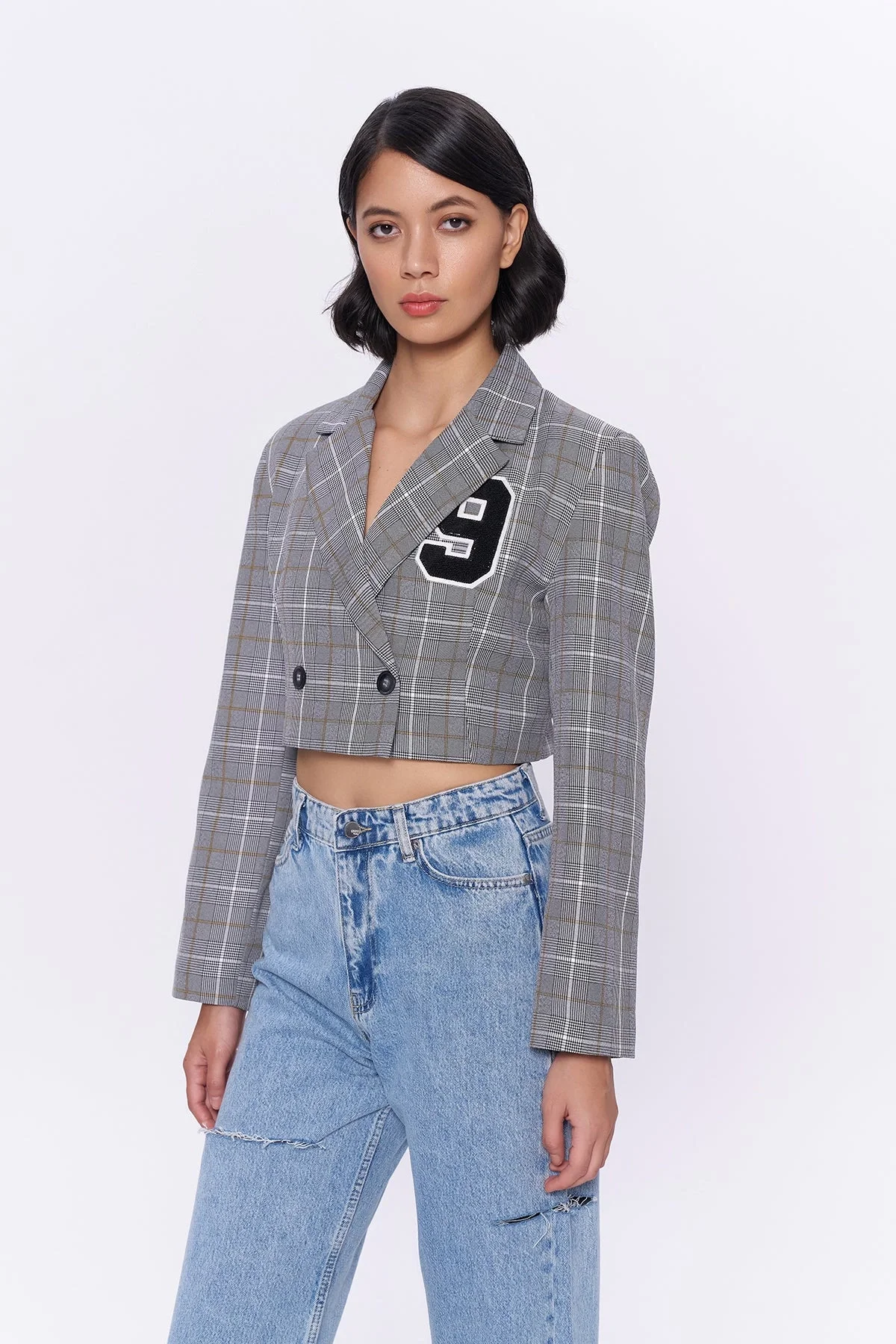 Çift Düğmeli Crop Blazer Ceket Gri