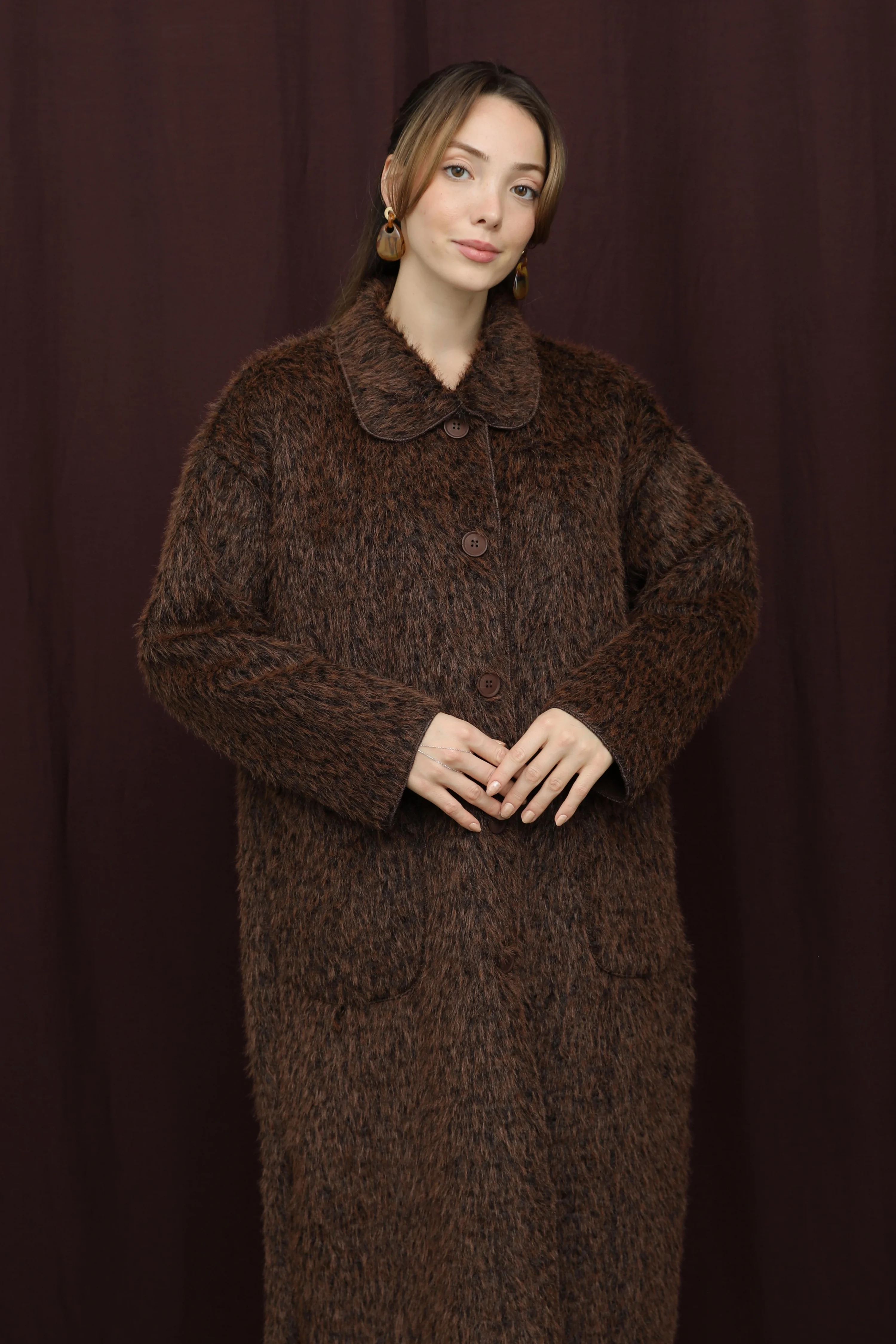 Kadın Düğme Detaylı Kaban - Brown