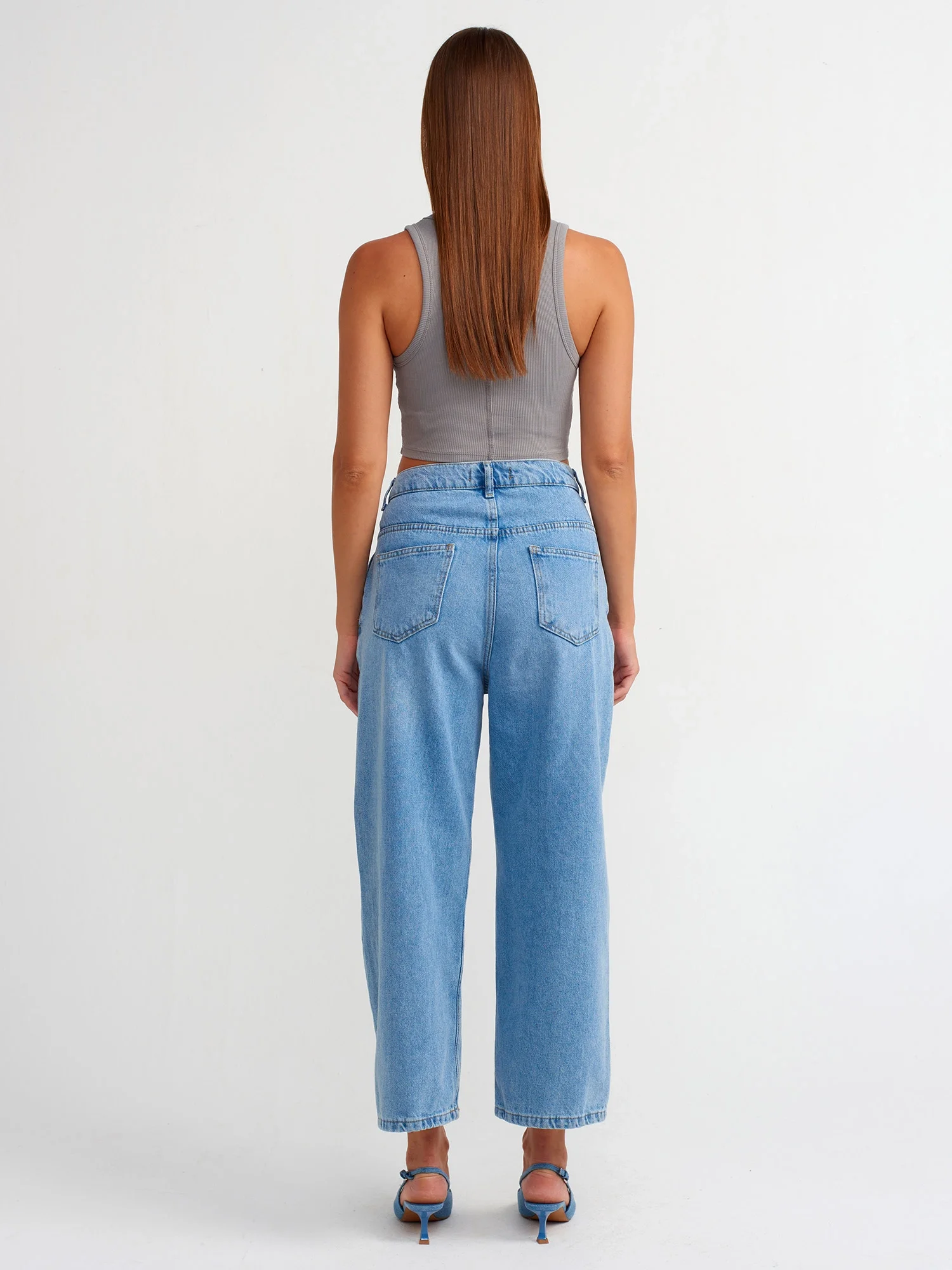 Kemeri Ayarlanabilir Kısa Balon Denim Pantolon-Mavi