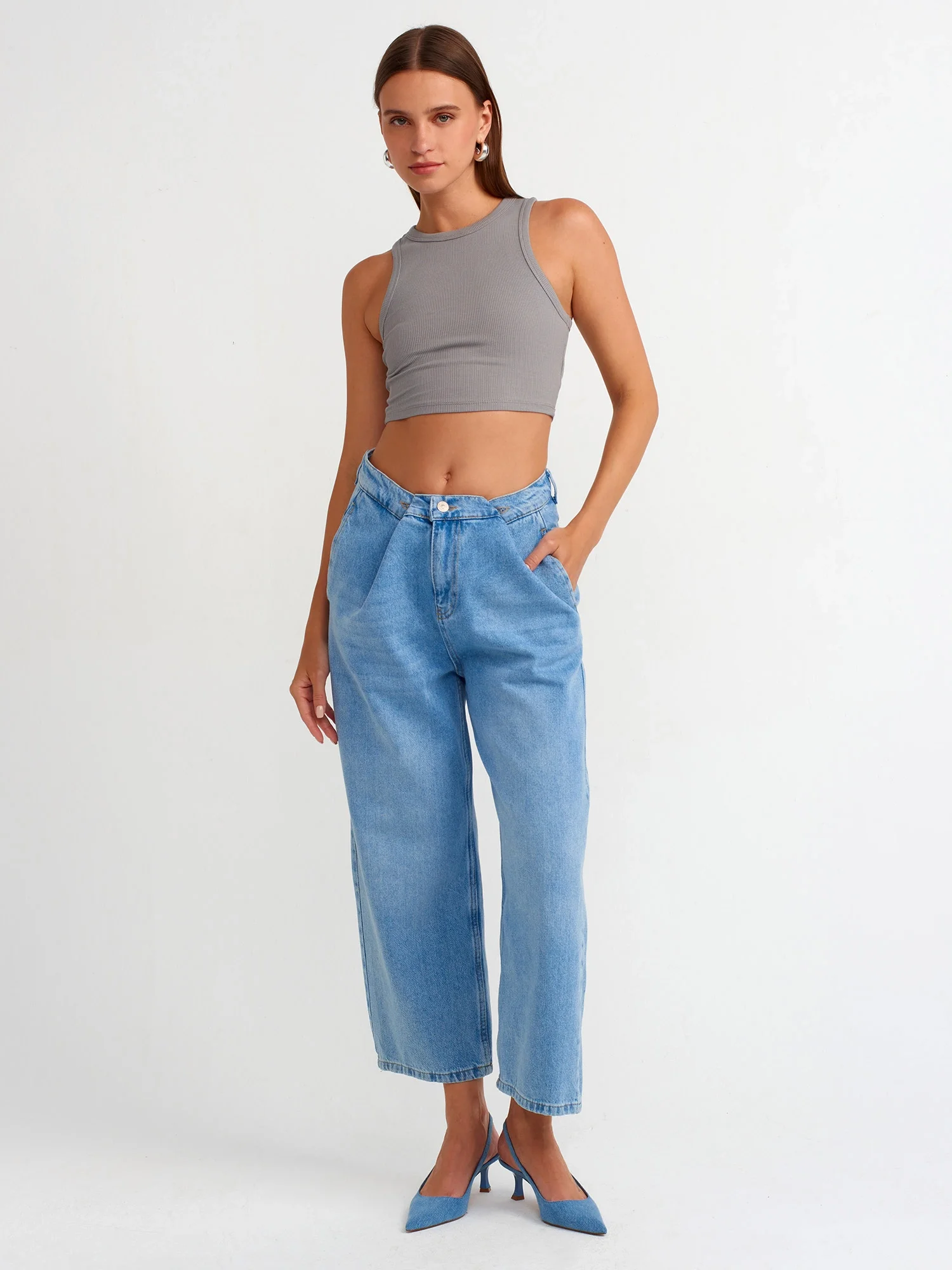 Kemeri Ayarlanabilir Kısa Balon Denim Pantolon-Mavi