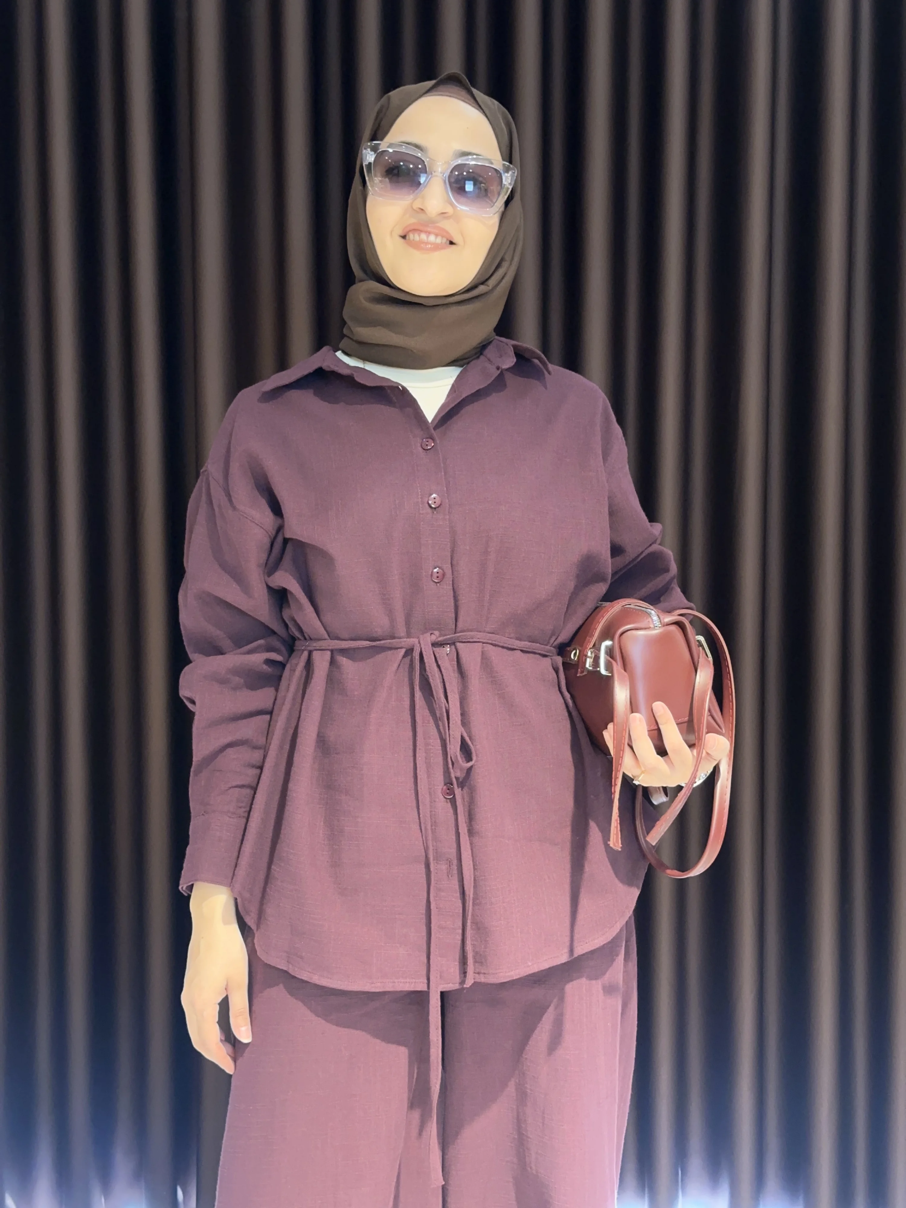 Keten Gömlek Pantolon Takım - Bordo